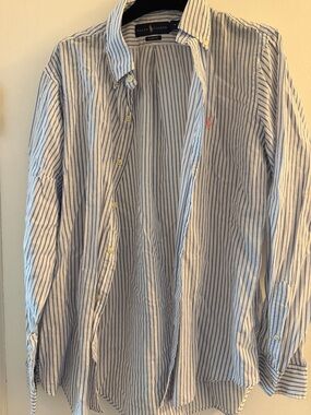 Ralph Lauren White Shirt with Blue Stripes and Pink Logo - thinner linen style